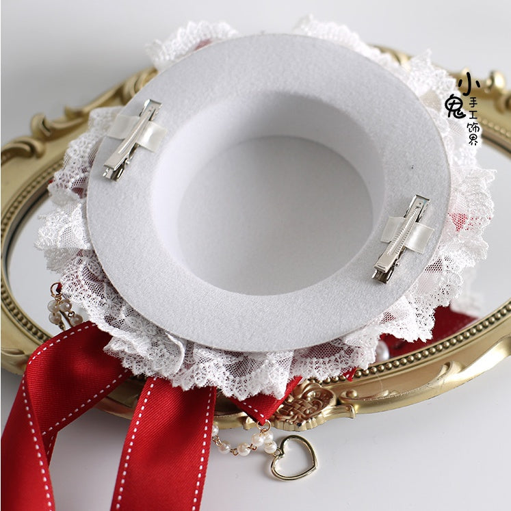 Bowknot Decorations Hat With Mini Heart-Shaped Red White Bead Charming Charms and Lace Lolita And