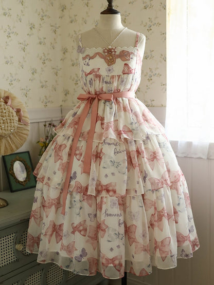 ピンクのハイウエスト蝶結びティアードスカートサマーロリータドレス