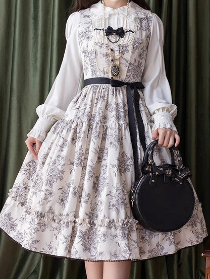 Beige & Black Rosette Print Elegant Classic Lolita JSK Dress with Lace Trim