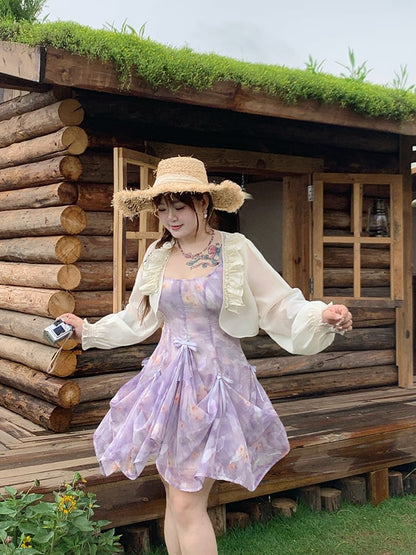 Details Chiffon-Camisole-Kleid mit Blumenmuster, drei Möglichkeiten, Übergröße, lila Schleifen