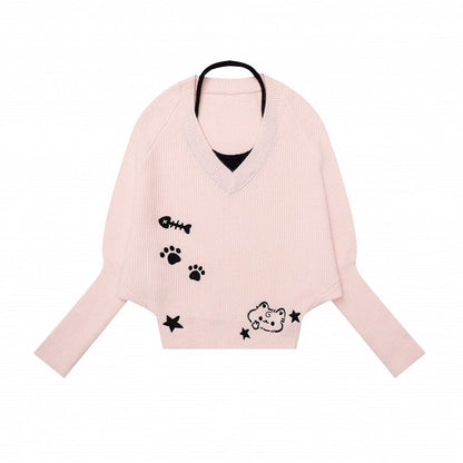Pink Two-Piece Look Batwing Sleeve Sweater with Kitten Themed Embroidery - Languid Park
