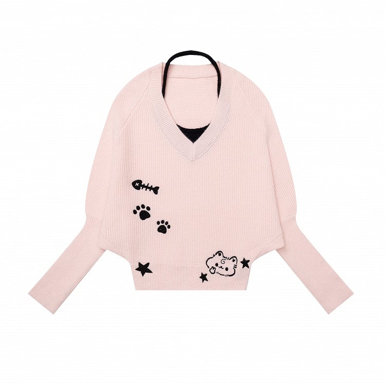 Pink Two-Piece Look Batwing Sleeve Sweater with Kitten Themed Embroidery - Languid Park