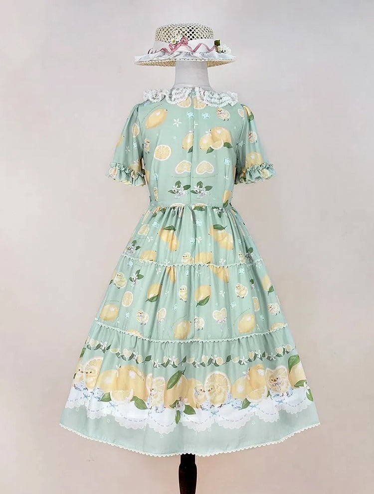 Summer and Print Spring for Chick Dress Green Lolita Short Sleeves Lemon