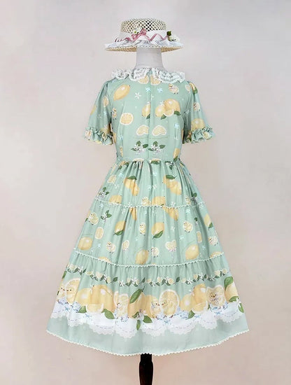 Summer and Print Spring for Chick Dress Green Lolita Short Sleeves Lemon