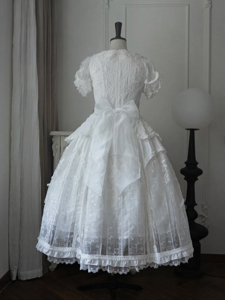 Classic Ivory Puff-Sleeve OP Gown with Sash & Lace Accents - Sleepless Unanswered