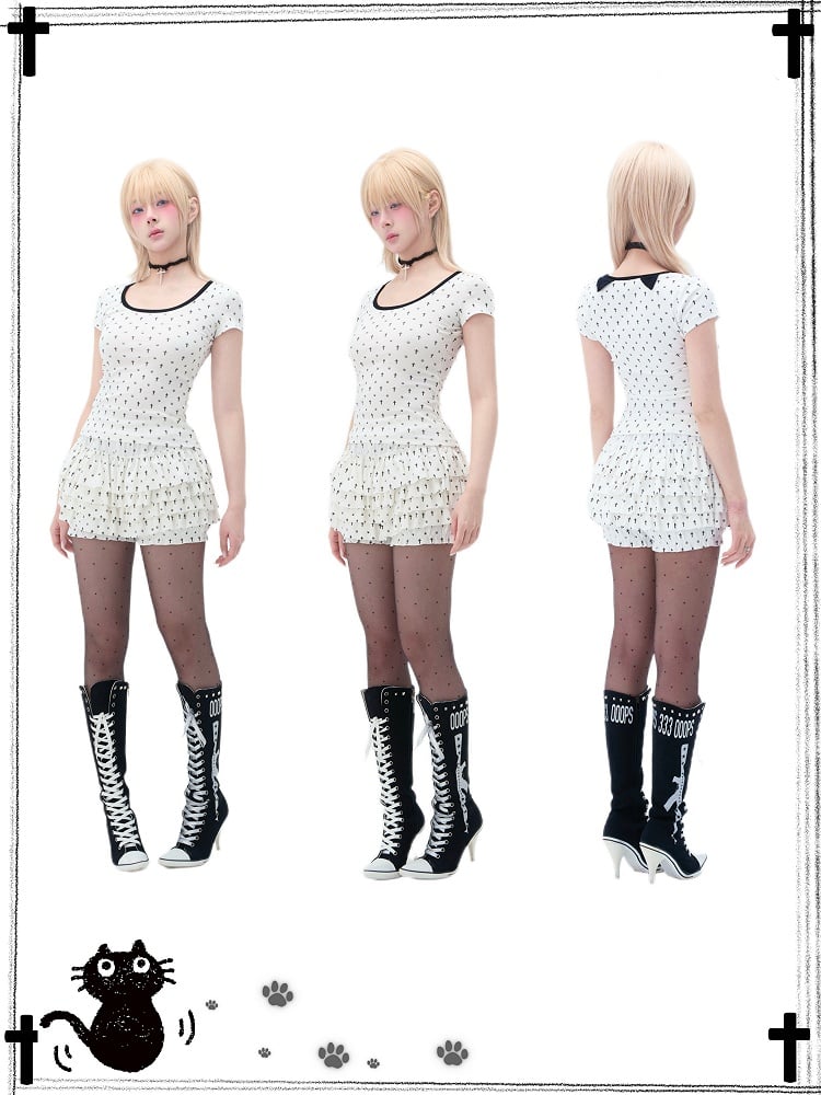 Pastel Gothic White Allover Cat Paw and Cross Print Tiered Ruffles Skort