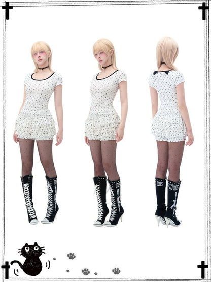 Pastel Gothic White Allover Cat Paw and Cross Print Tiered Ruffles Skort