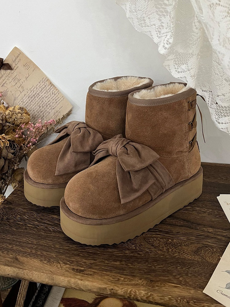 Brown Sweet Lolita Platform Snow Boots - Front Bow Accent with Rear Lace-Up Detail