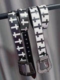 Rhinestone Decorated Beaded And Punk White/Black Print Cross