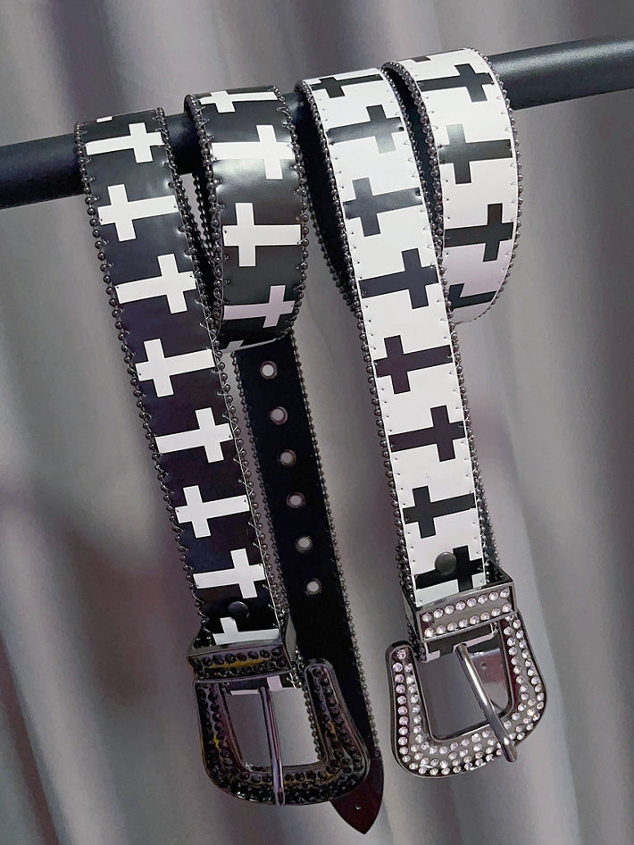 Rhinestone Decorated Beaded And Punk White/Black Print Cross