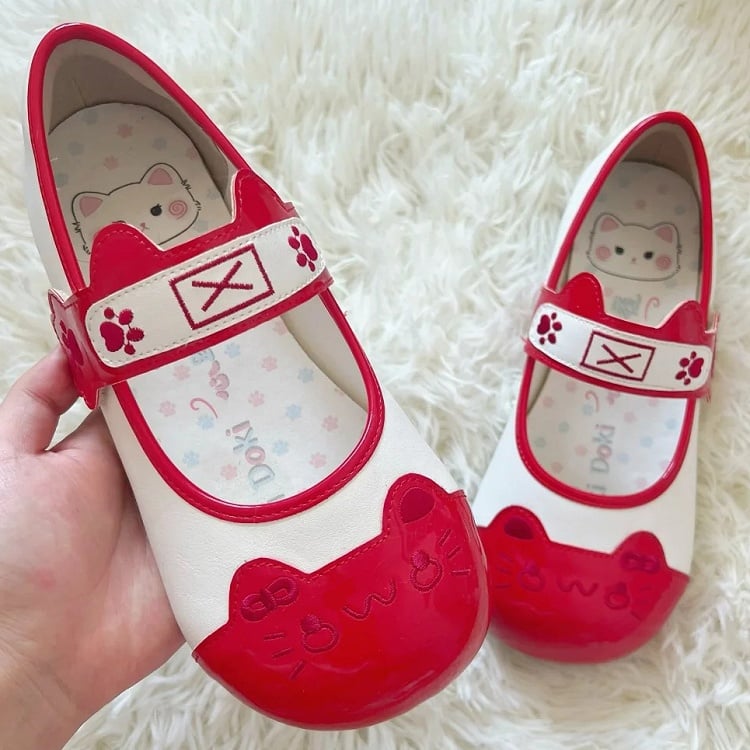 Red Sweet Lolita Flats - Cat Ear Velcro, Paw Stitching & Round Toe
