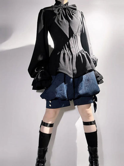 Black Ruffle-Neck Bishop-Sleeve Ouji Poet Shirt - Princess Chronicles
