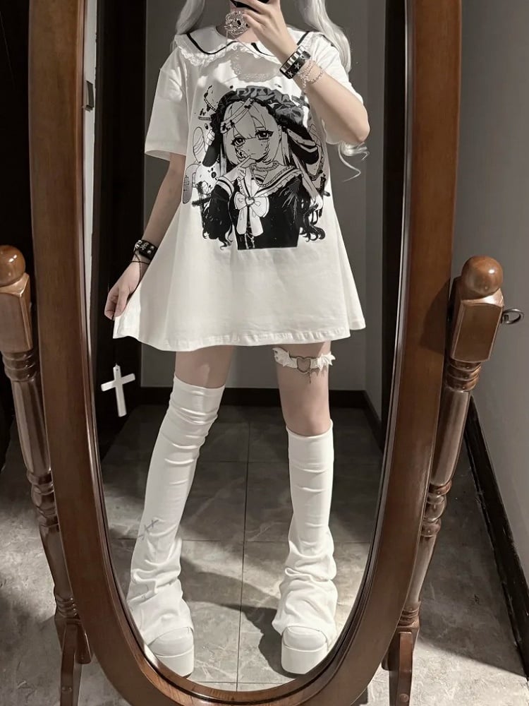 Pan Jirai Kei T-shirt White Anime Girl Print Peter Collar