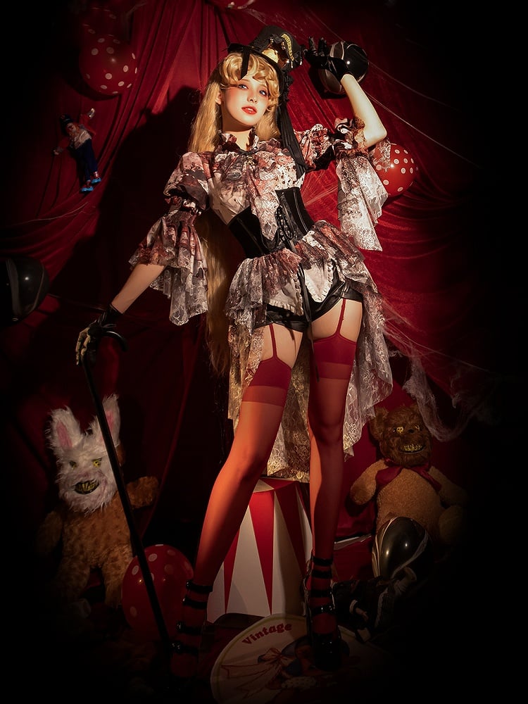 Print Black Red Bloodstain Gothic Lace Lolita Corset Boned with Train Belt