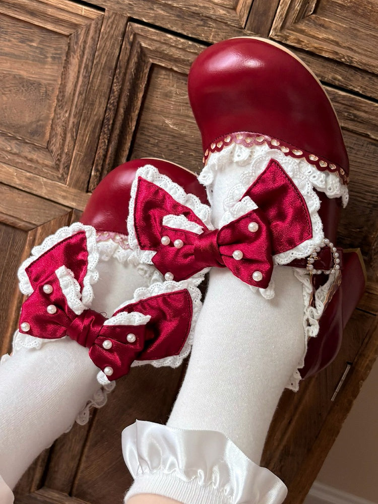 Embellished Bow Sweet Accent Red Leather PU Beads Trim Heels in Lace Mid