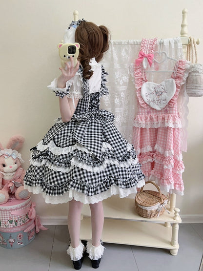 Bow Cute Black Only Back Dress JSK Multi-Layered Pattern Gingham + Lolita / Ruffle