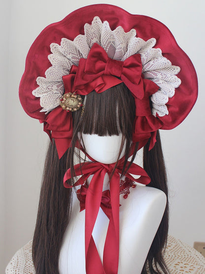 Red Velvet Lace Trim Bonnet With Bowknot Hairclips