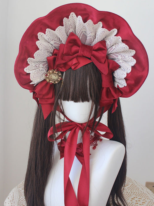 Red Velvet Lace Trim Bonnet With Bowknot Hairclips
