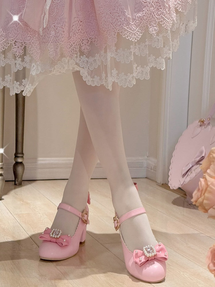 ジェーンズ ボウノット ラインストーン装飾 ラウンド メアリー ロリータ ディテール ビーズトゥ ピンク