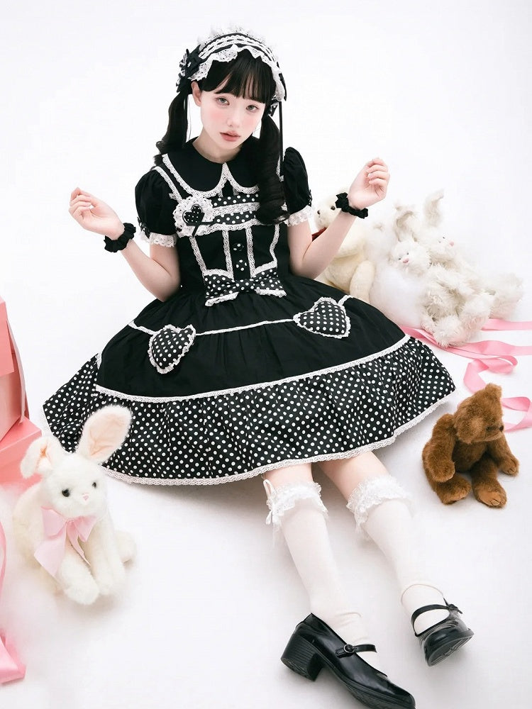 Kleid Schule Polka Alt Schwarz Baumwolle Weiß Punkte Lolita