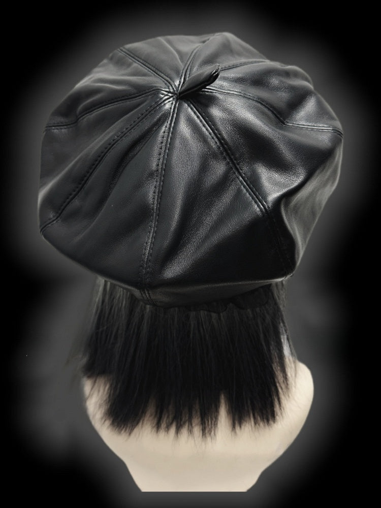 Schwarze Baskenmütze aus PU im Y2K-Stil mit Spitzenbesatz