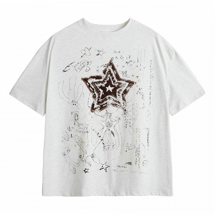Gray Vintage Crew Neck Tee with Star Print - Languid Park