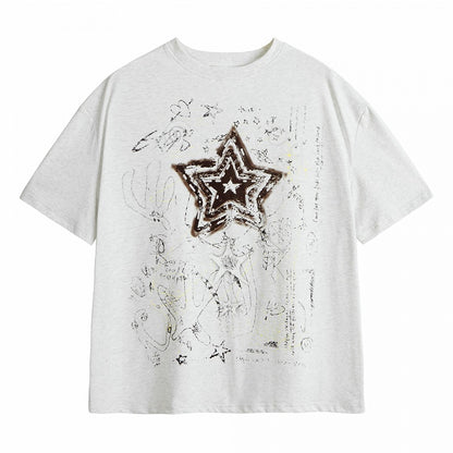 Gray Vintage Crew Neck Tee with Star Print - Languid Park