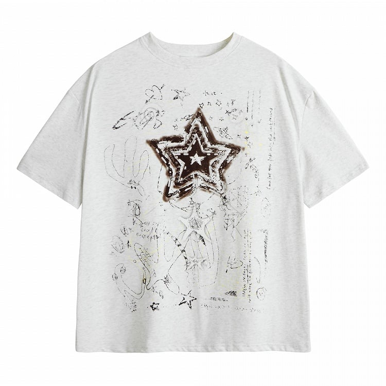 Vintage Gray Crew Neck T-Shirt with Star Print and Short Sleeves - Languid Park