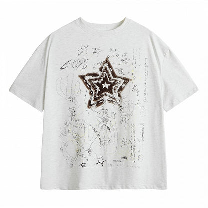 Vintage Gray Crew Neck T-Shirt with Star Print and Short Sleeves - Languid Park