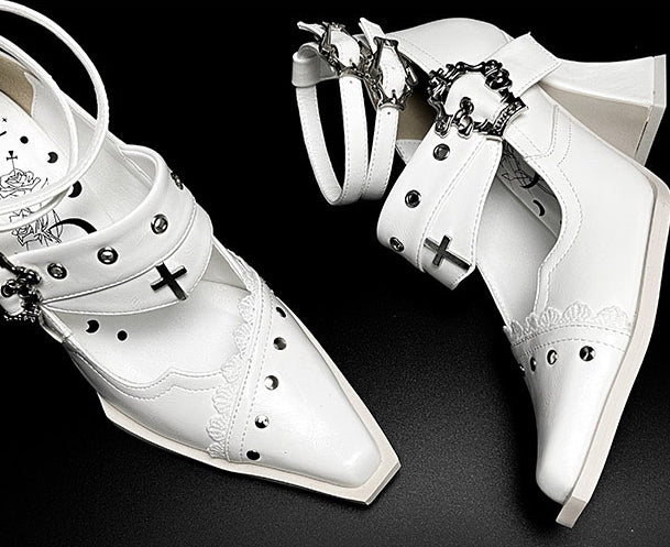 Punk Pointed Toe High Block Heels in White Coffin Buckles and Metal Cross with Gothic 8.5cm