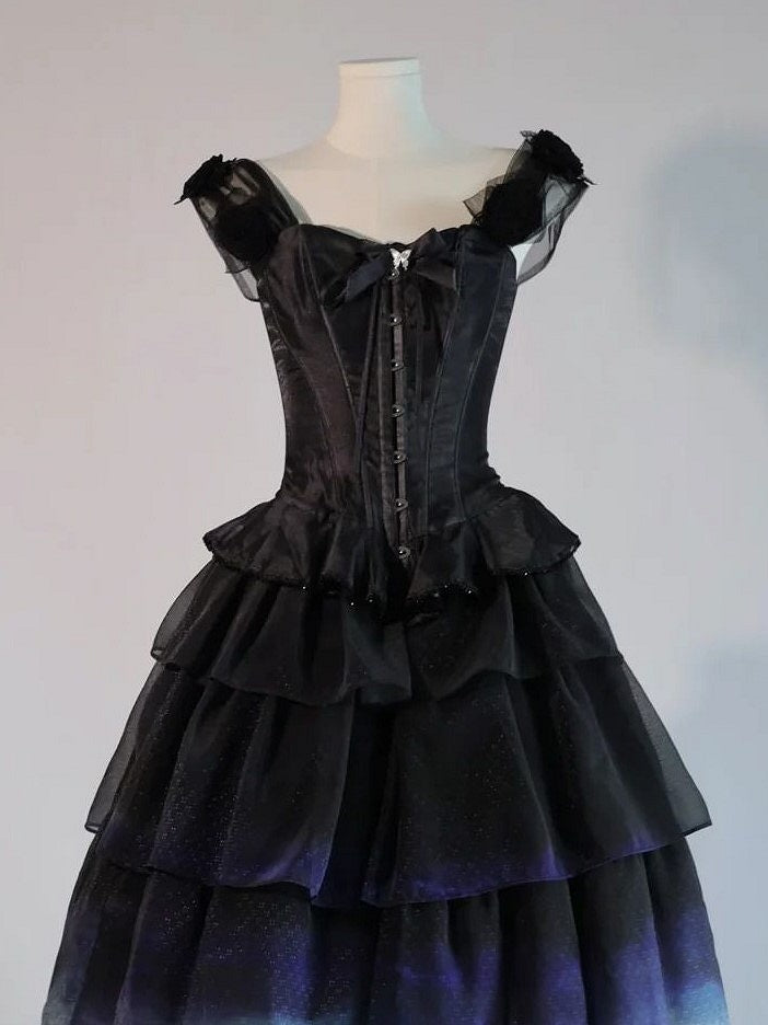 Black Top Corset with Lolita and Shoulder Bow Rose Accents Ribbon