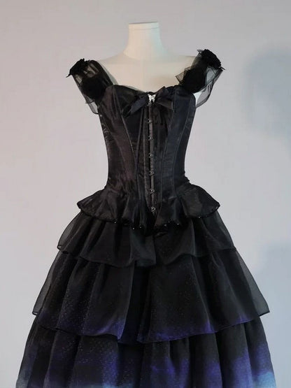 Black Top Corset with Lolita and Shoulder Bow Rose Accents Ribbon