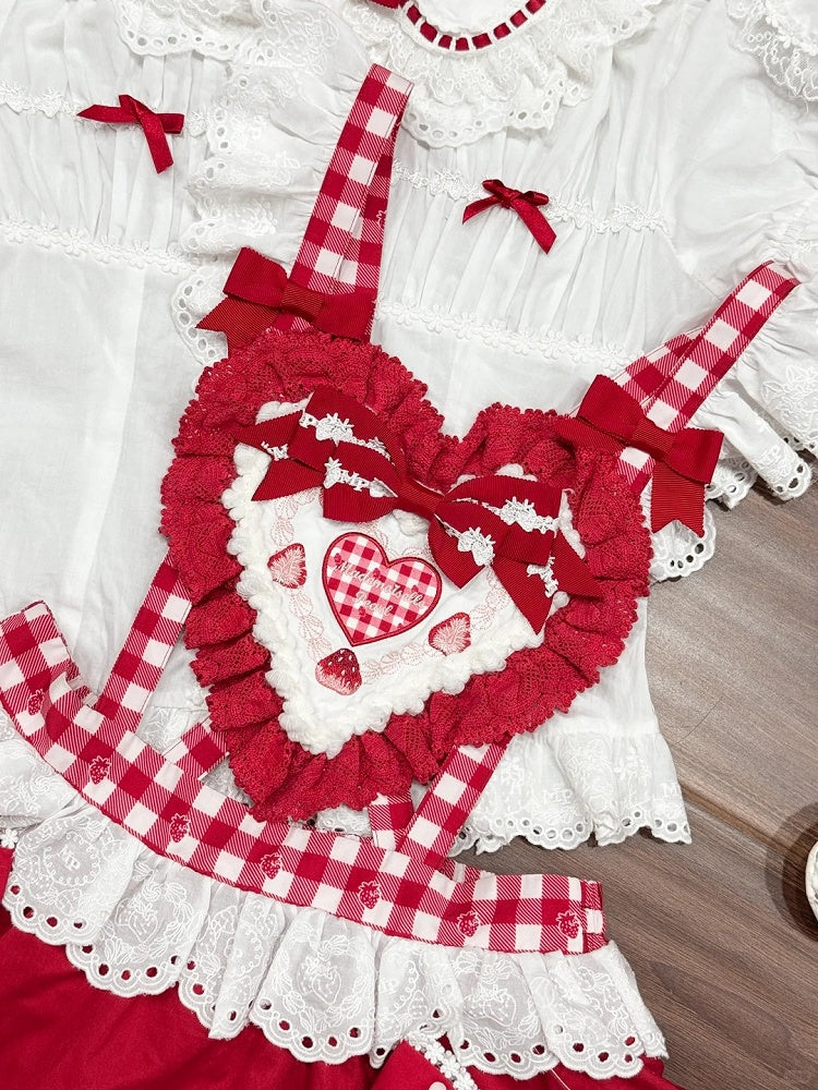 Lolita and Strawberry Red Overall Sweetheart Applique Dress Sweet Print Bows with