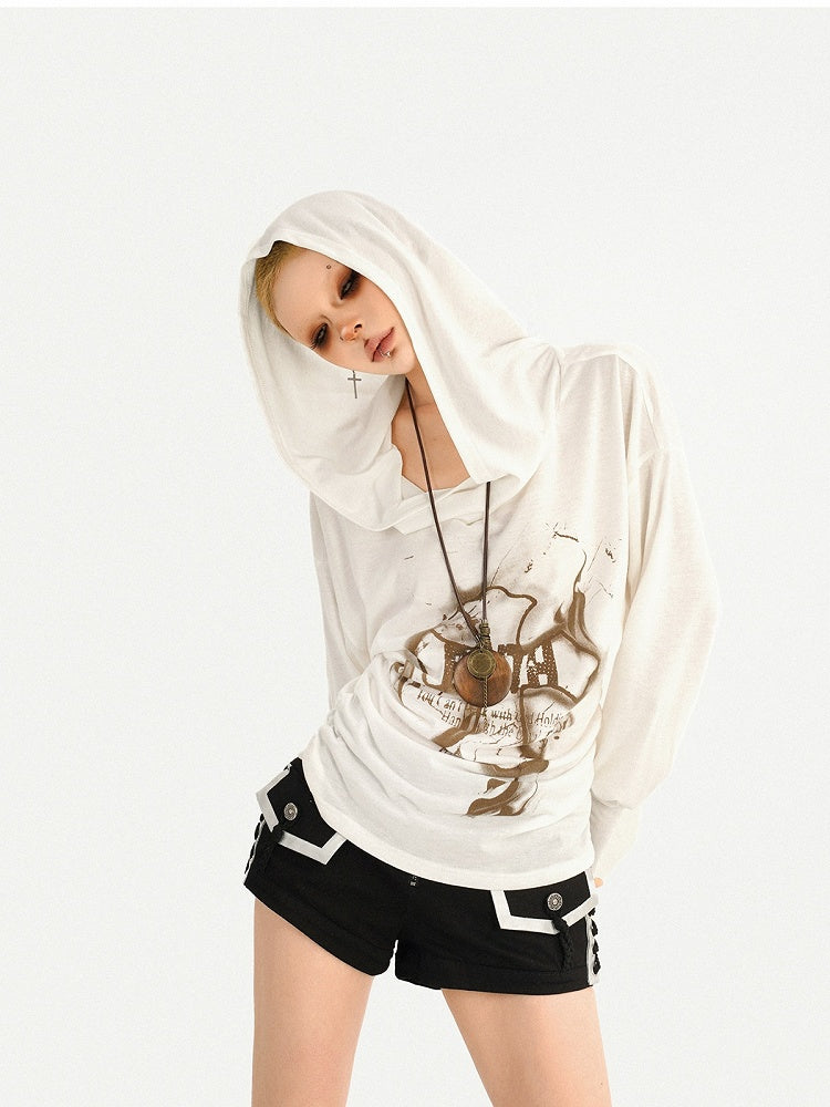 Wasteland Style Cowl Neck Cross Print Long Sleeve Hoodie with Ruffle Details