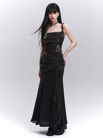 Taillenkordelzug Schwarze Spitze Hüfte Ärmelloses Kleid Patches