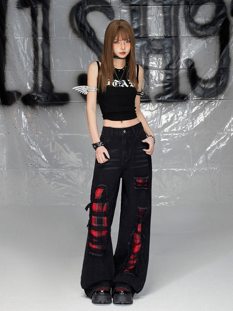 ブラックプリントデザイン ダブルショルダーストラップ ノースリーブトップス