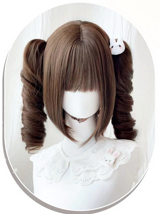 Toffee 55cm Bob with Full Fringe & Double Spiral Curly Clip-On Ponytails - Meow Island Wig