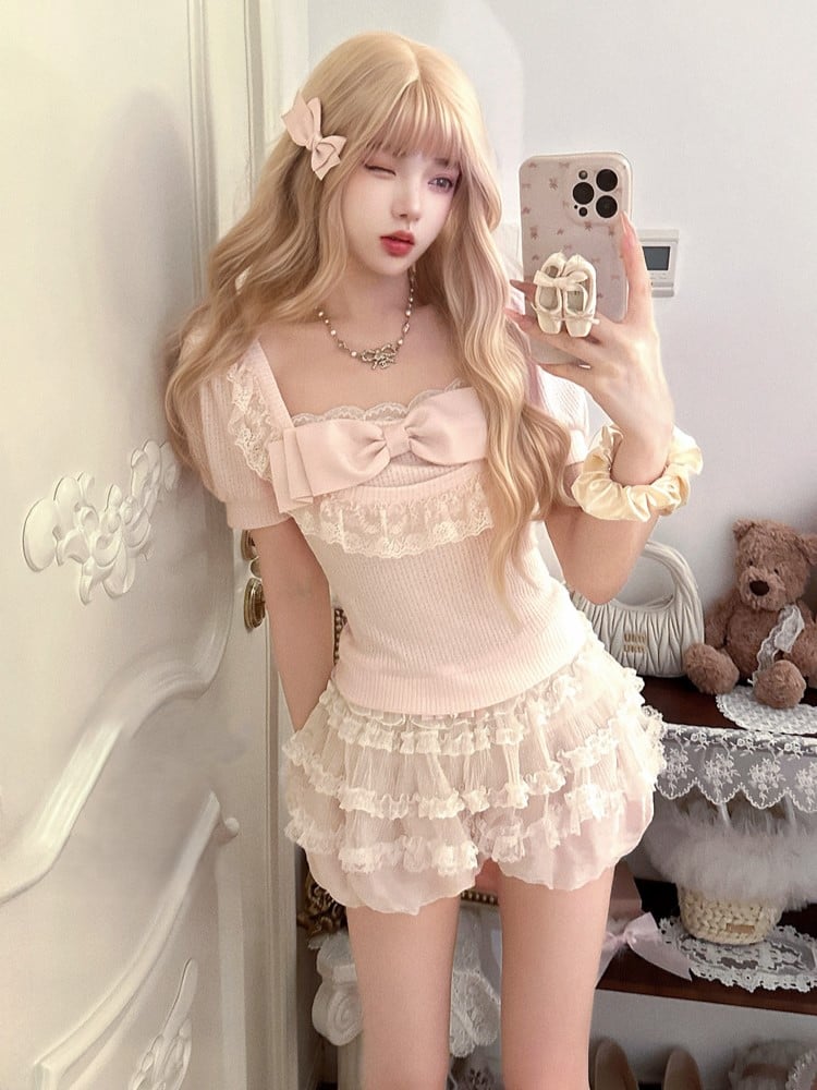 Rosa mit Ärmel Top Schleife Spitze Puff Trim Verspielt Slim-Fit