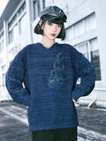 Scarf with Set Embroidery Gothic Goldfish Sweater V-Neck Blue