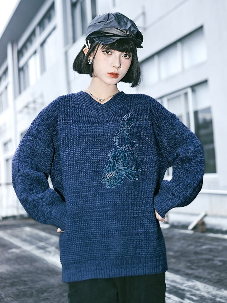 Scarf with Set Embroidery Gothic Goldfish Sweater V-Neck Blue