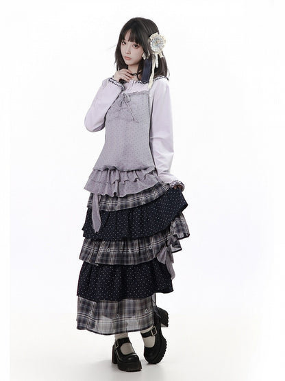 Black Dusty Purple Asymmetrical Tiered Long Skirt Plaid Polka Dot - PINK SAVIOR