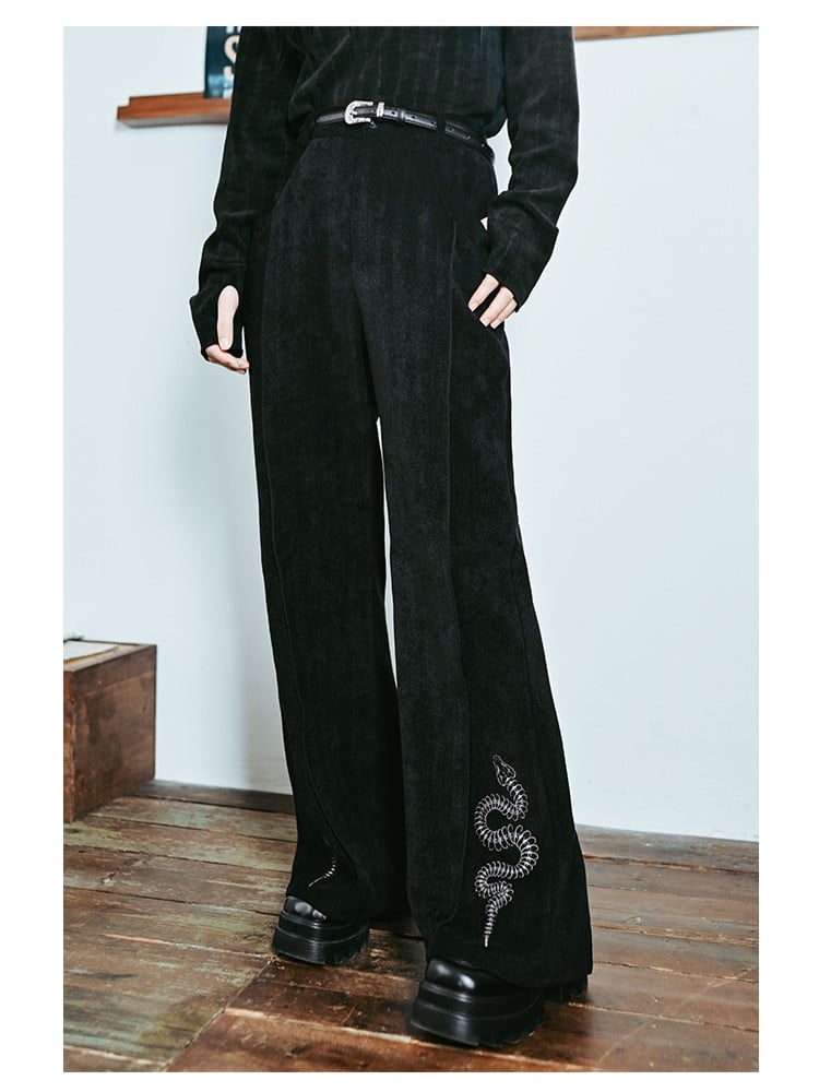 Black with Gothic Chenille Flared Pants Embroidery Snake Cheongsam