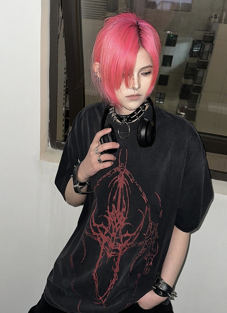 with Alien Print Black Creature Washed T-Shirt Fade