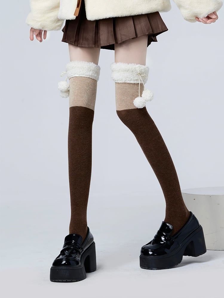Stockings With Plush Pom-Pom KhakiBrown/GrayBlack Cuff Decoration