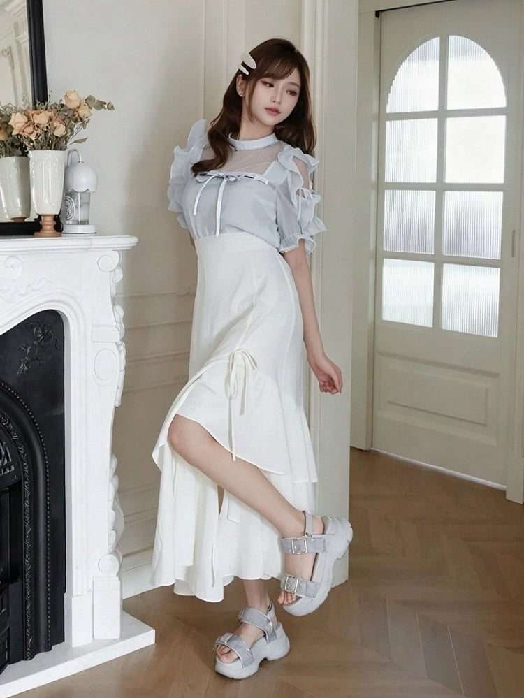 Plus Size Blue Seiso-kei Cutout Shoulder Blouse with Tulle Panel and Ruffle Accents - Smyster
