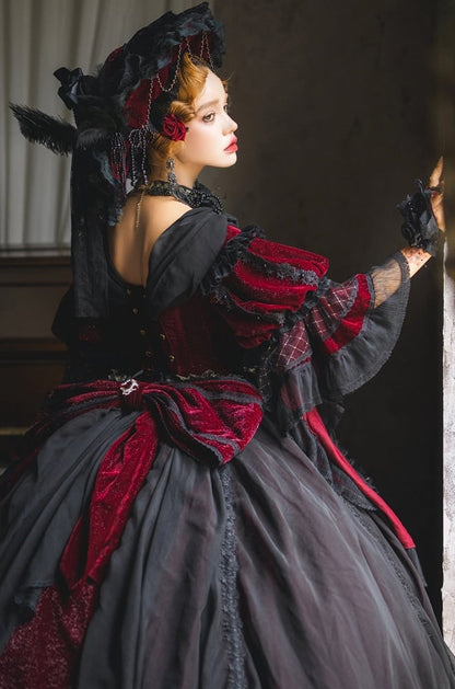 und schimmerndes OP-Komplettset, wunderschönes schwarzes High-Low-Lolita-Samt-Hanayome-Rotkleid