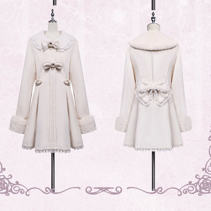 Cuffs and Beige Coat Rhinestones Lace Trim Jirai Kei Plush Bowknots Collar