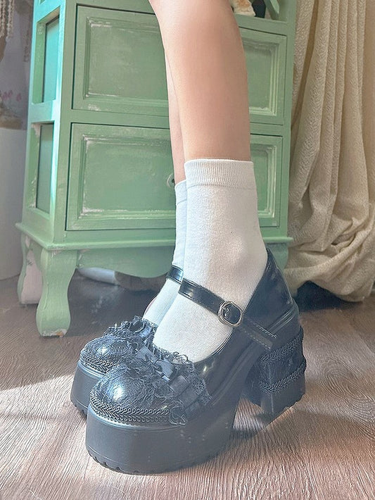 Lace Lolita Heeled Decor Bow Mary Black Trim 9.5cm Elegant Janes with