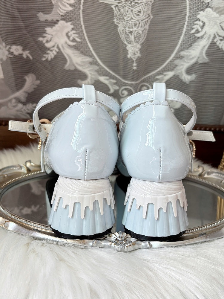 Shape Mid-heel Pudding Mary Heel Decor Jane Round Shoes Pumps Cute Toe Blue with Sweet - Lolita Bow