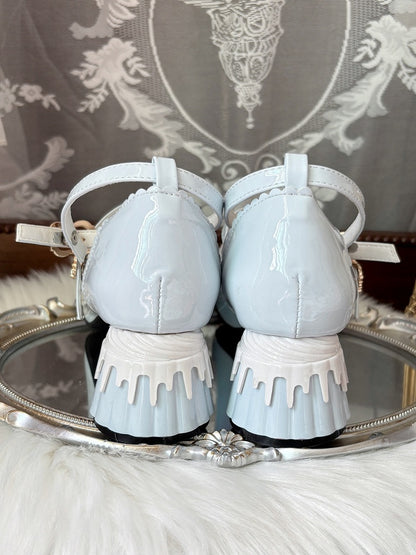 Shape Mid-heel Pudding Mary Heel Decor Jane Round Shoes Pumps Cute Toe Blue with Sweet - Lolita Bow